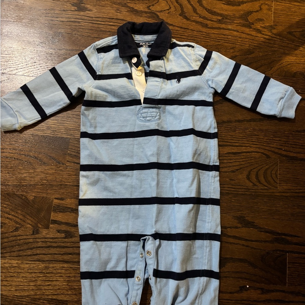 Ralph Lauren Black and Light Blue Striped Baby Romper